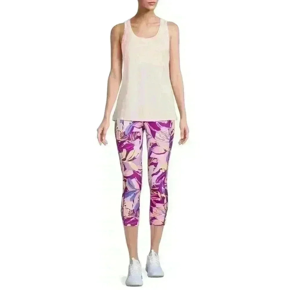 Avia Womens Pull On Active Capri Leggings XS, M Side Pockets Purple Pink Leaf - Picture 4 of 12